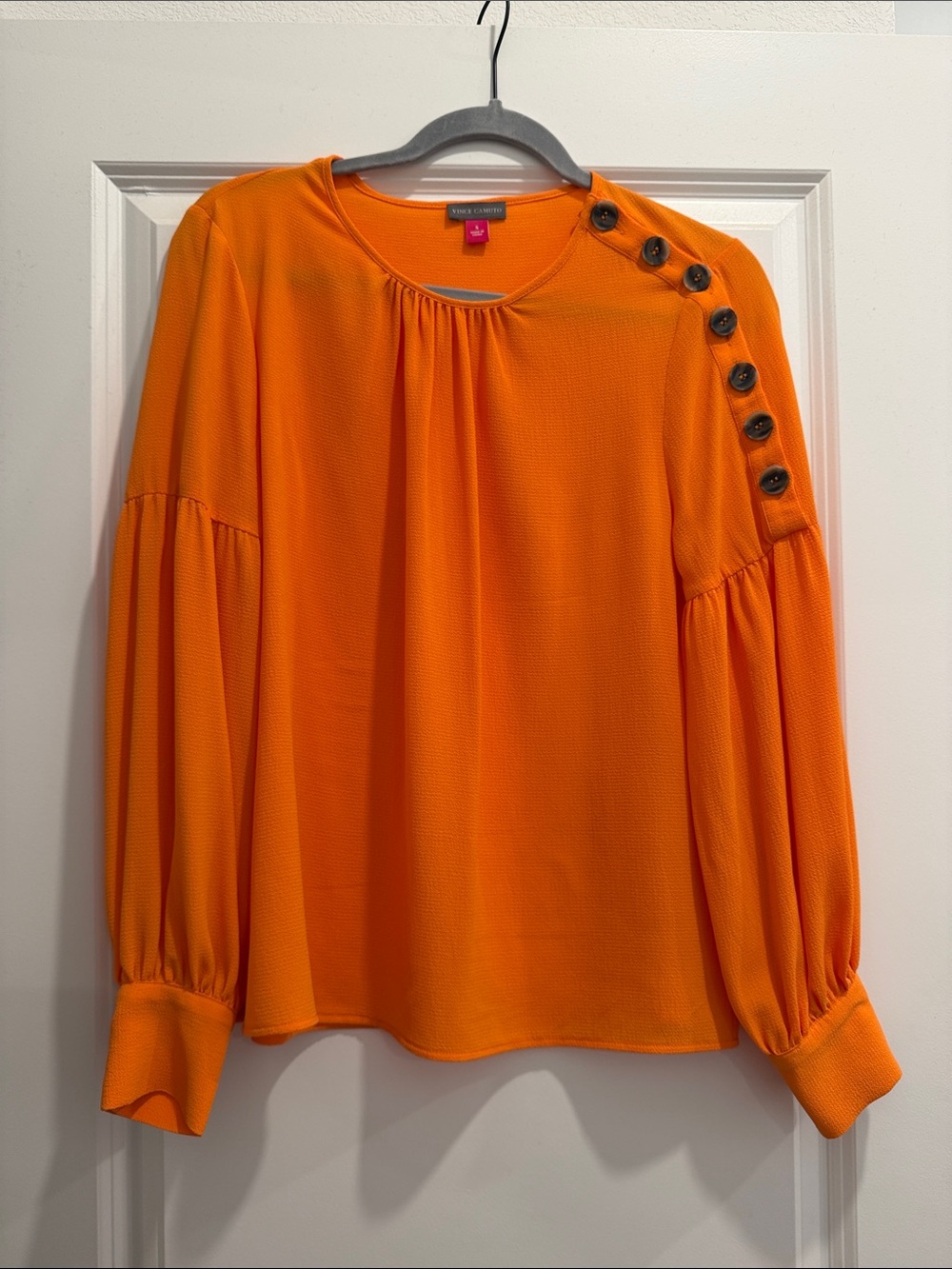 Vince Camuto Bright Orange Button-Shoulder Balloon Sleeve Blouse